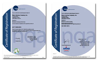 Myers Spring is IATF 16949 & ISO 9001 Certified.