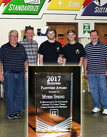 Myers Spring Company of Logansport, Indiana was recently recognized by the Indian Trails Career Cooperative Program as a Business Partner for hosting two interns from Carroll High School, Carroll County. 